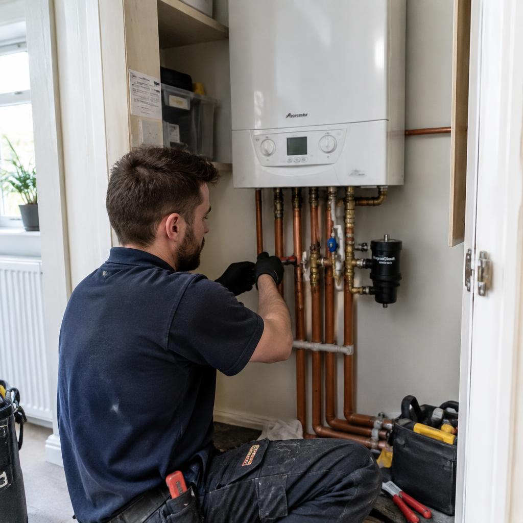 Heating engineer installing a new gas boiler in a London home cupboard