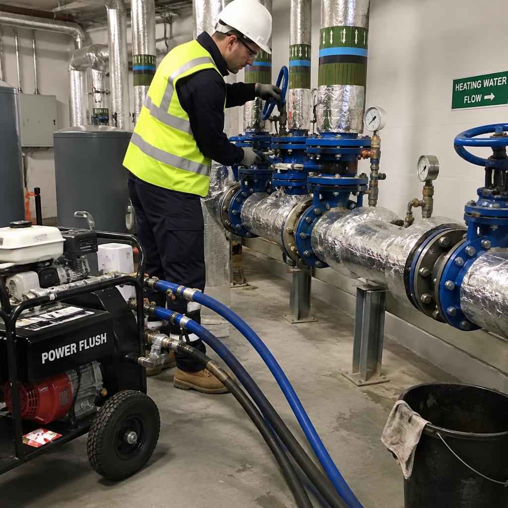 Engineer power flushing commercial heating system radiators in London plant room