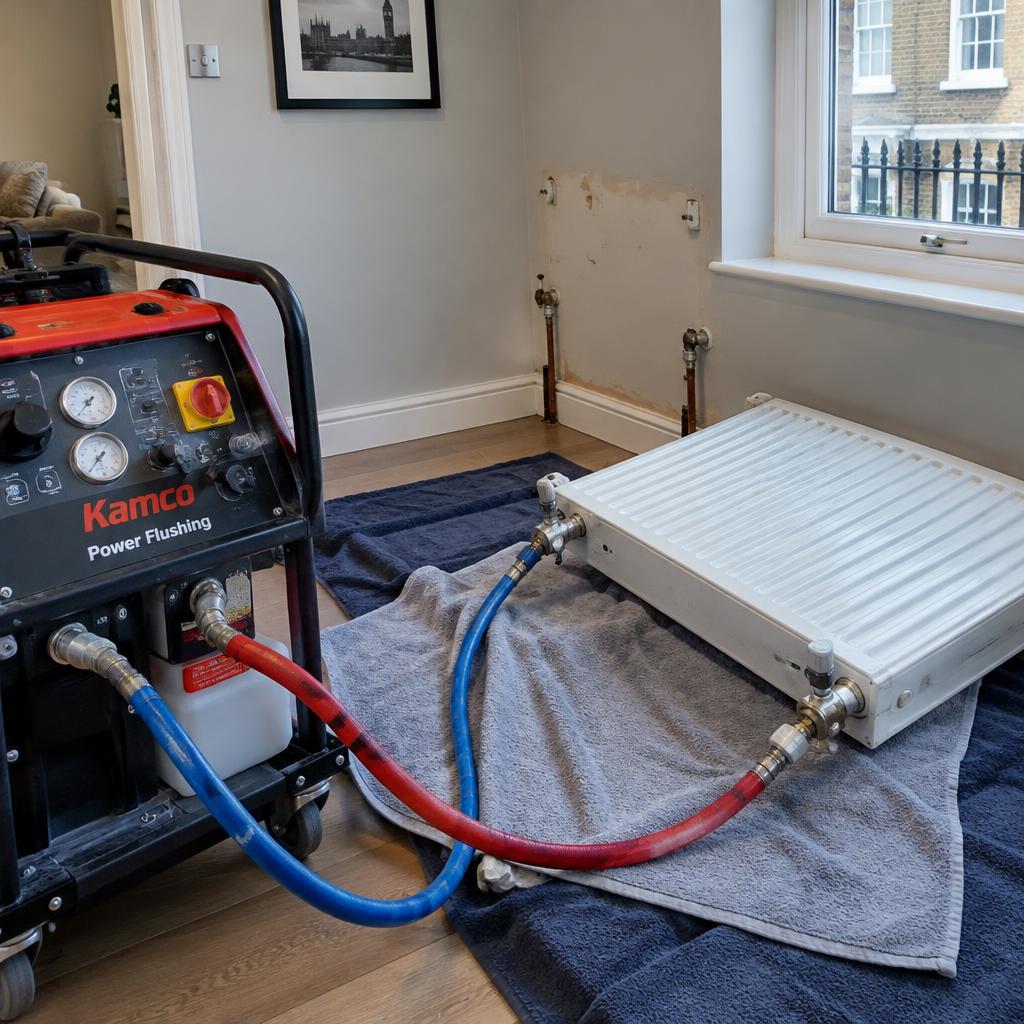 Engineer connecting power flushing machine to radiator during London domestic power flush