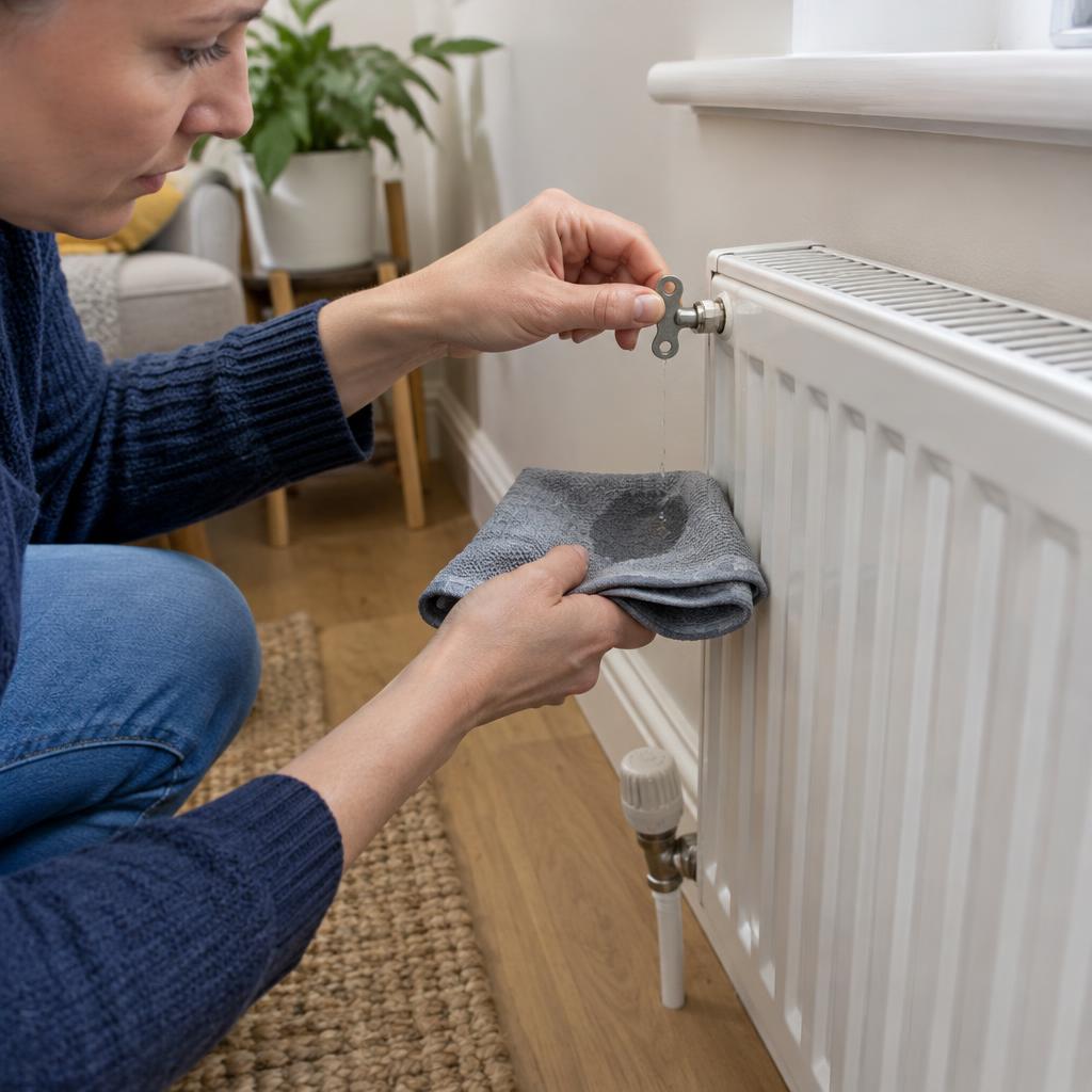 Homeowner bleeding a cold radiator checking for power flushing need in London