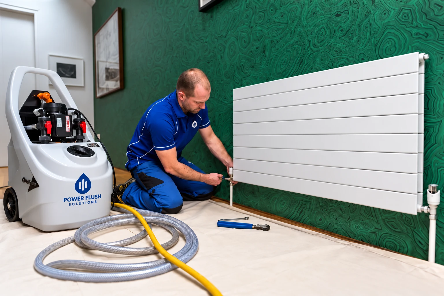 Power Flush Solutions engineer connecting a power flushing machine to a radiator in a London home.
