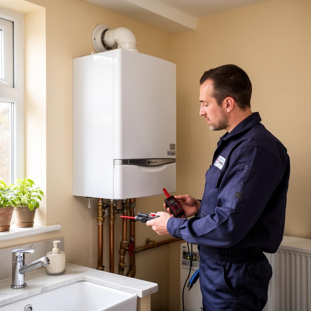 Engineer inspecting a wall-mounted boiler during a service visit in a London home.